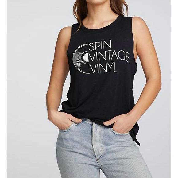 NEW CHASER spin vintage vinyl muscle tank in true black - Picture 2 of 3